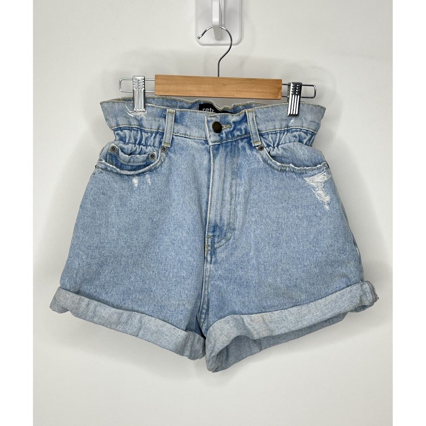Retrofete Haisley Acid Washed Paper Bag Shorts Womens 26 Blue Denim High Rise
